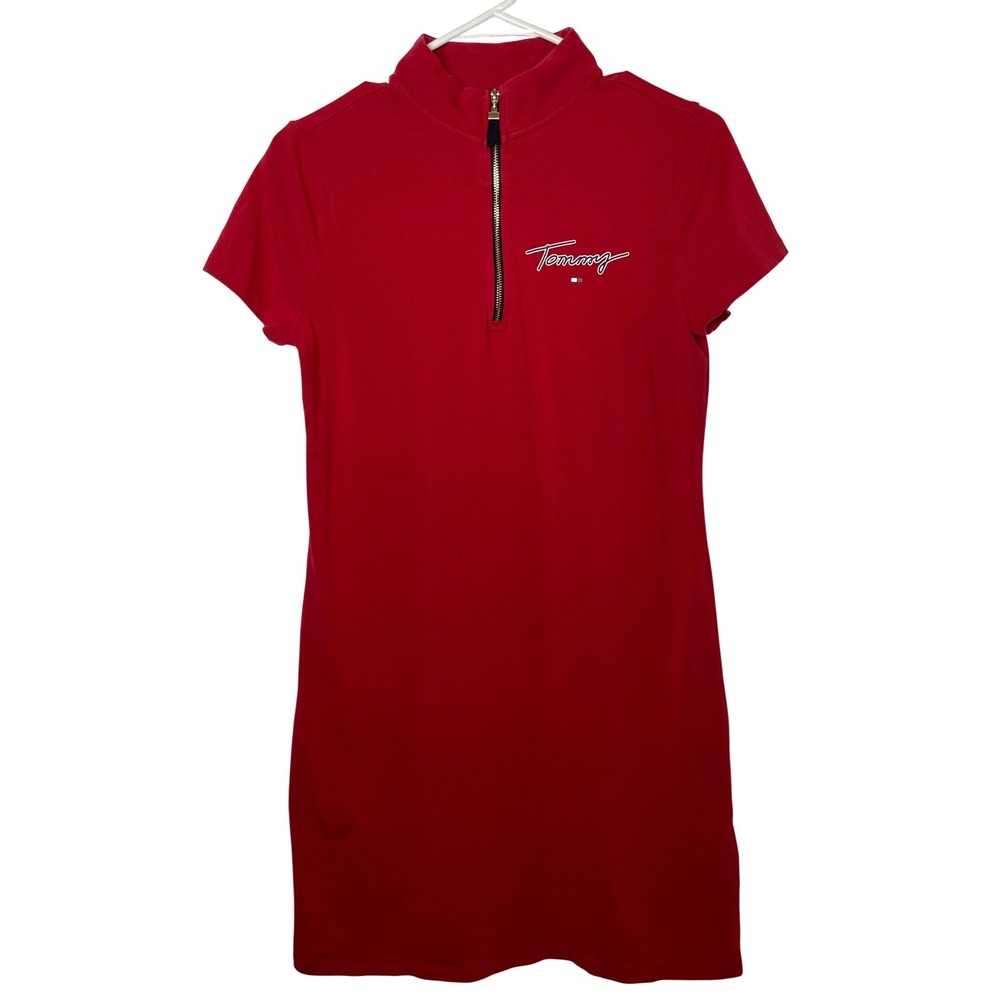 Tommy Hilfiger Womens Red Half Zip Dress Small Short‎ Sleeve Logo